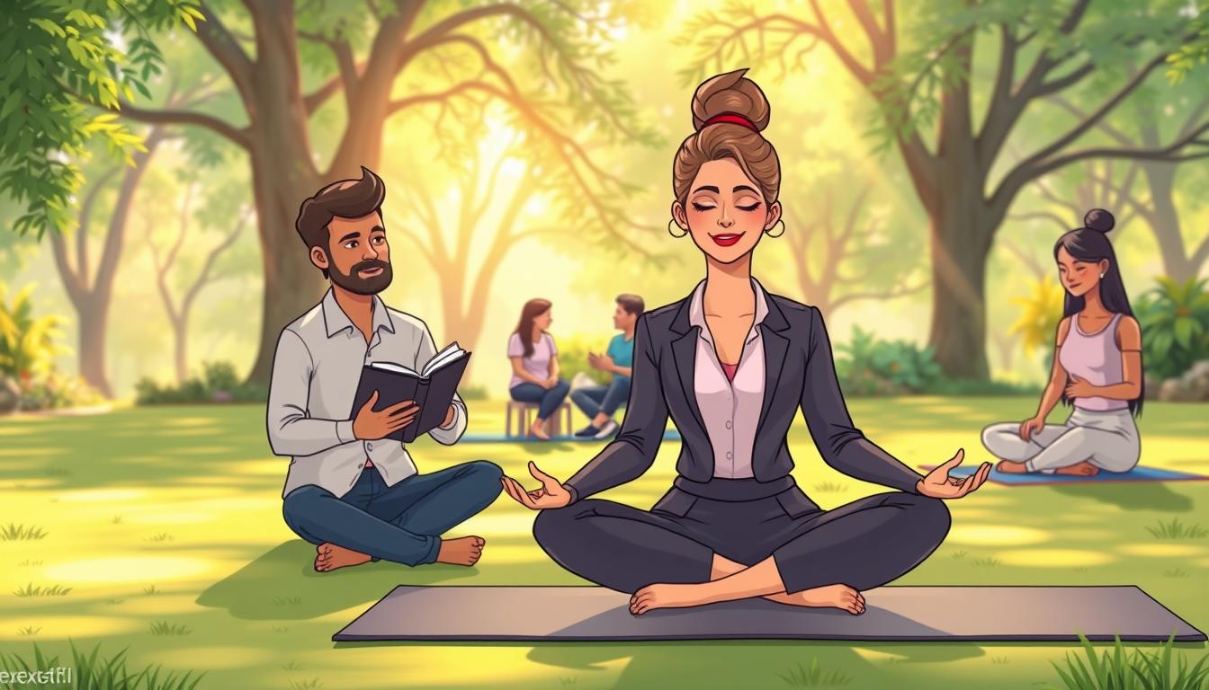 A diverse group practicing self-awareness exercises in a calm studio.